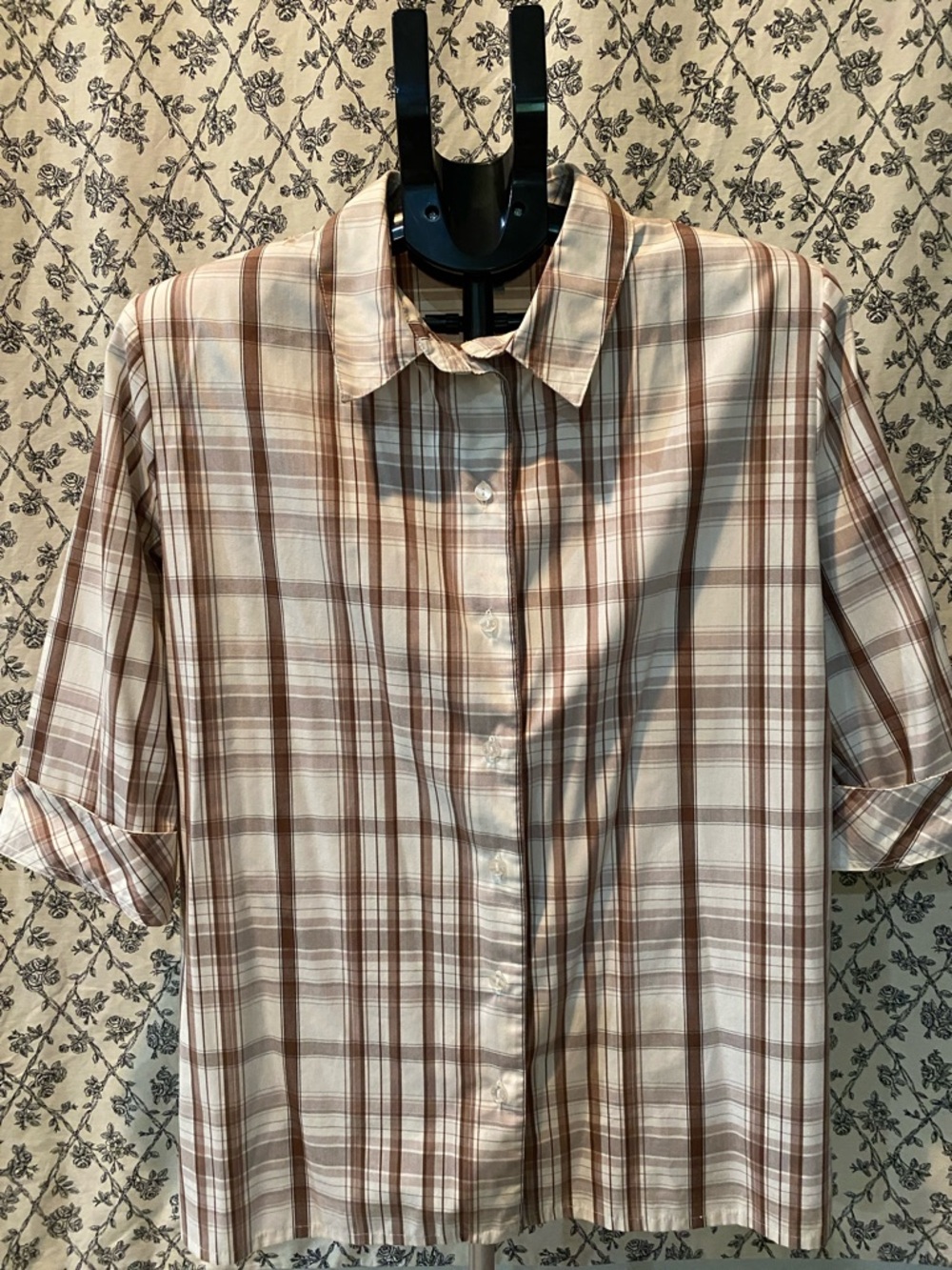 Alia Cream and Brown Plaid Button-Down Women's Shirt